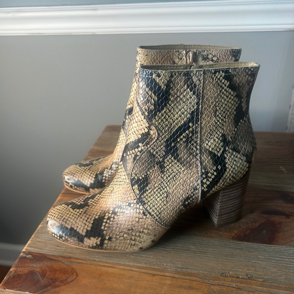 Lucky Brand leather Snake animal Print Ankle Boots Block Heel Booties Size 8M